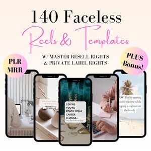 Pode incluir: Um pacote de produtos de marketing digital com 140 reels e modelos sem rosto, incluindo direitos de revenda mestre e direitos de etiqueta privada. O produto também inclui um bônus. A imagem mostra cinco telas de telefone com designs diferentes, incluindo uma sobreposição de texto que diz "5 sinais de que você está pronto para uma mudança de carreira..."