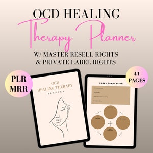 May include: A digital planner for OCD healing therapy with 41 pages. The cover features a minimalist line drawing of a woman's face. The planner includes a case formulation section with circles for different areas of focus.