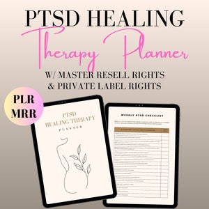 Könnte beinhalten: Ein digitaler Planer zur Heilung von PTSD mit einer minimalistischen Linienzeichnung einer Person auf dem Cover. Der Planer enthält eine wöchentliche Checkliste und ist mit Master-Weiterverkaufsrechten und Private-Label-Rechten erhältlich.