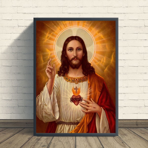 Sacred Heart Of Jesus Art Poster Print Christian art portrait of jesus, religious art, antique art prints