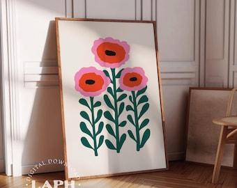 Colorful Poppies Retro Floral Print: Maximalist Botanical Wall Art (Digital Download)