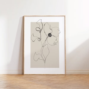 Flower 02 - Botanical Line Art, Neutral Wall Art, Beige Plant Prints, Minimalist Modern Bedroom Living Room Wall Decor, Printable Art