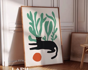 Black Cat Watercolor Print: Mid-Century Modern Abstract Art (Digital Download)