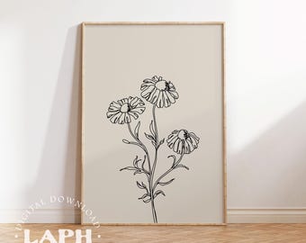 Beige Daisy Line Art Print: Neutral Botanical Wall Decor (Digital Download)