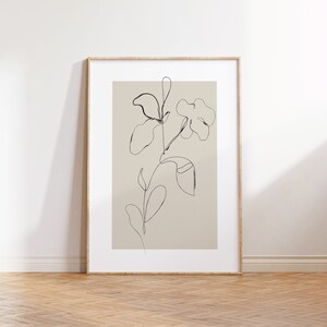 Flower 03 - Botanical Line Art, Neutral Wall Art, Beige Plant Prints, Minimalist Modern Bedroom Living Room Wall Decor, Printable Art