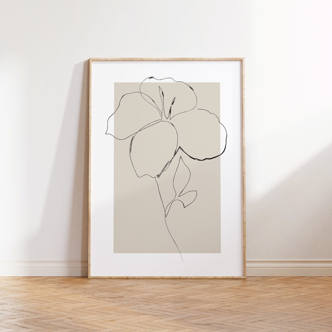 Botanical Flower Line Art Print: Minimalist Beige Wall Decor (digital ...