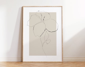 Impressão artística de flores botânicas: decoração de parede bege minimalista (download digital)