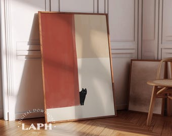 Abstract Black Cat Watercolor Print: Mid-Century Boho Wall Art (Digital Download)