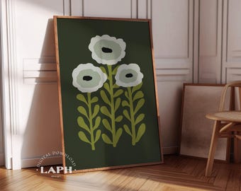 Mörkgrönt blommönster: Salviagrön Matisse-konst (digital nedladdning)
