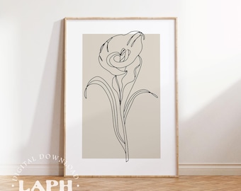 Impressão artística de linha botânica bege: decoração minimalista de plantas (download digital)