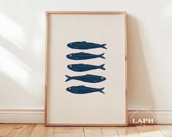 Lámina artística de sardinas retro: decoración colorida de mariscos para la cocina (descarga digital)