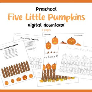 Puede incluir: Una descarga digital para preescolar con el texto "Five Little Pumpkins" en naranja. La imagen muestra varias páginas con ilustraciones de calabazas, una valla y el texto "digital download" y "5 pages".
