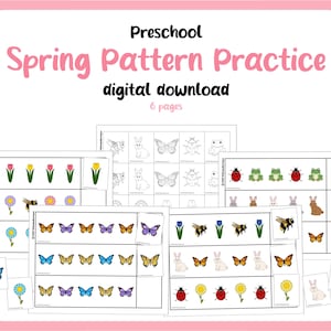 May include: A printable set of 6 pages of spring-themed pattern practice worksheets for preschoolers. The worksheets feature images of butterflies, bunnies, ladybugs, flowers, bees, and frogs.