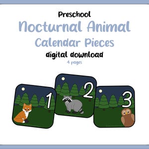 May include: Four printable calendar pieces featuring nocturnal animals. Each piece has a dark blue background with a moon, trees, and a number. The animals are a fox, a raccoon, an owl, and a bat.