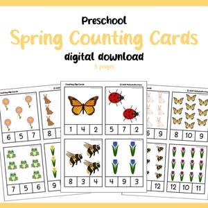 May include: A set of printable spring-themed counting cards for preschoolers. Each card features a different spring animal or flower, with numbers 1-12 to count. The cards are labeled "Counting Clip Cards".