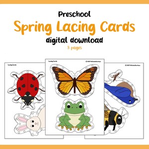 May include: Three printable lacing cards featuring spring-themed images. The cards include a ladybug, butterfly, frog, bee, rabbit, and bluebird. Each image has holes around the outline for lacing.