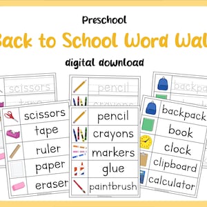 May include: A Preschool Back to School Word Wall digital download featuring educational charts with illustrations and text for school supplies like scissors, tape, ruler, paper, eraser, pencil, crayons, markers, glue, paintbrush, backpack, book, clock, clipboard, and calculator.