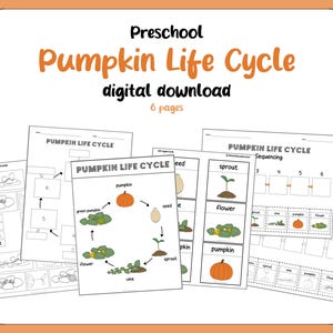 May include: Black and white printable worksheets for preschoolers to learn about the life cycle of a pumpkin. The worksheets include images of a pumpkin seed, sprout, flower, vine, and pumpkin. The worksheets also include a sequencing activity.
