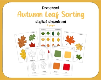 Pode incluir: Conjunto de materiais educativos para pré-escolar, com "Classificação de Folhas de Outono". O download digital inclui 8 páginas com cartões de classificação de folhas, etiquetas de cores e cartões de identificação de folhas. As folhas são coloridas.