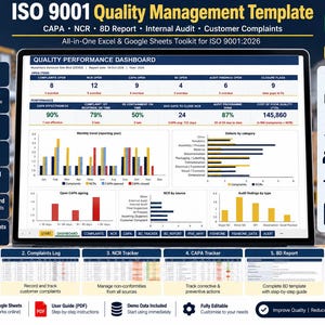 ISO 9001 Quality Management Template Excel, CAPA NCR 8D Report Tracker, Internal Audit Log, Customer Complaint, Google Sheets