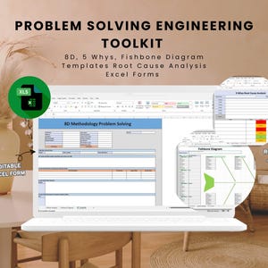 Problem Solving Engineering Toolkit | 8D, 5 Whys, Fishbone Diagram Templates | Root Cause Analysis Excel Forms | Lean Six Sigma Tools