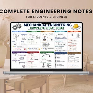 May include: A laptop screen displaying a Mechanical Engineering Complete Cheat Sheet with ten sections covering topics like thermodynamics, fluid mechanics, and material science, featuring various formulas, diagrams, and technical icons.