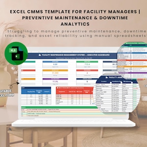 以下が含まれることがあります： 施設管理者向けのExcel CMMSテンプレートがノートパソコンに表示されています。画面にはデータと「FACILITY MAINTENANCE MANAGEMENT SYSTEM」のテキストが表示されたダッシュボードが表示されています。画像には「PREVENTIVE MAINTENANCE & DOWNTIME ANALYTICS」のテキストが含まれています。