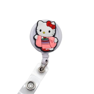 Cute Kitty in Kimono Badge Reel - Adorable Cat ID Holder, Retractable Badge Clip, Unique Lanyard Accessory, Nurse, Office Gift, Japanese Cat