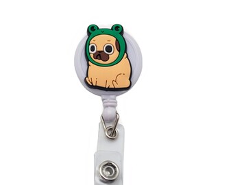 Cute Dorky Pug Badge Reel - Funny Dog ID Badge Holder for Nurses, Teachers, Office Workers - Retractable Animal Badge Clip, Pug Lover Gift