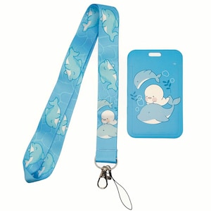 Cute Blue Chibi Whales Lanyard with ID Badge Holder - Adorable Whale ID Holder for Work, School, or Events - Kawaii Whale Keychain Lanyard
