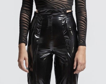TACRAI Regular Gloss Pants | Black Latex Feel Wet Look Leather High Rise Trousers Women Trend Clothing Asymmetric Handmade Pants with Pocket
