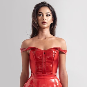 Red Glossy Crop Top | Bardot Latex Feel Boat Scoop Neckline Top Women Wet Look Clothing Faux Leather Extravagant Off Shoulder Blouse Stretch