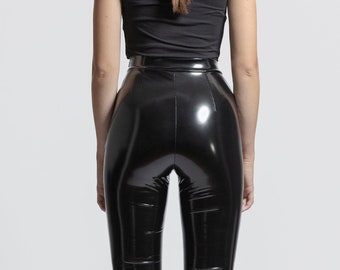 TACRAI Wet Look Black Leggings | Glossy Latex Feel Slim Fit Pants Outwear Women Clothing Event Party Wear Shiny Sleek Leggings with Pockets