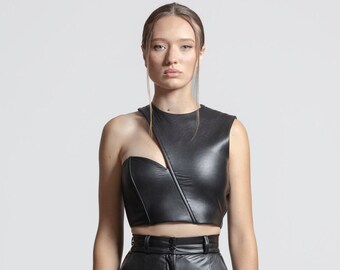 Asymmetric Crop Top | Matte Black Vegan Leather Sleeveless Vinyl Cropped Top Waist Top Half Shirt Belly Blouse Women Clothing Faux Leather