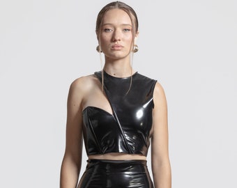 Asymmetric Crop Top | Matte Black Vegan Leather Sleeveless Vinyl