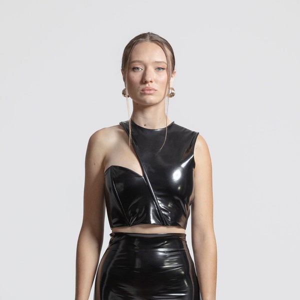 Asymmetric Crop Top | Glossy Black Vegan Leather Shiny Latex Wet Look Sleeveless Vinyl Cropped Top Waist Top Half Shirt Belly Blouse Womens