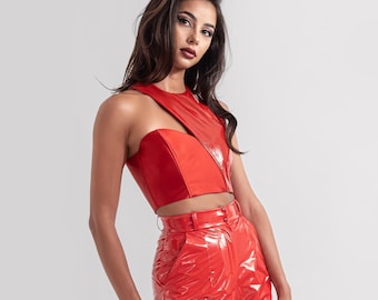 Asymmetric Red Latex Look Crop Top | Vegan Leather Shiny Sleeveless Vinyl PVC Blouse Women Clothing Faux Wet Look Glossy Leather Red Top
