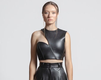 Asymmetric Crop Top | Matte Black Vegan Leather Sleeveless Vinyl Cropped Top Waist Top Half Shirt Belly Blouse Women Clothing Faux Leather