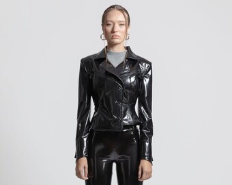 Asymmetric Latex Look Blazer | Glossy Jacket Wet Look Faux Leather Women Clothing Shiny Black Coat Edgy Outwear Chic Shiny Blazer Sleek Wear