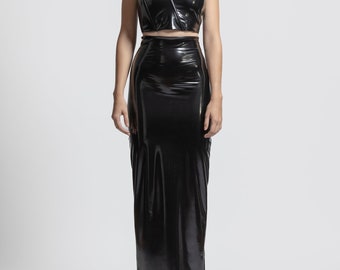 TACRAI Pencil Skirt Latex Look | Black Glossy Faux Lather Shiny Full Maxi Skirt Long Slim Fit Women's Clothing Sexy Handmade High Waist Wear