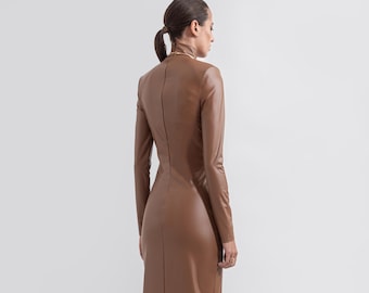 TACRAI Sculpting Leather Dress | Mocha Faux Leather Matte Women’s Wear Long Sleeve Snug Fit Vegan Alluring Maxi Bold Dress Bodycon High Neck