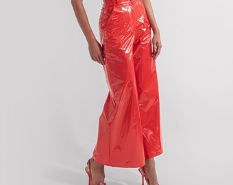 TACRAI Wide Leg Red Gloss Pants | Flare Latex Look Trousers Wet Look Palazzo Vegan Leather Fashion Handmade Women Clothing High Rise Pockets