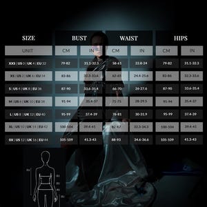 May include: Size chart for clothing with measurements in inches and centimeters. The chart includes sizes XXS to OX, with corresponding US, UK, and EU sizes. Measurements are provided for bust, waist, and hips.