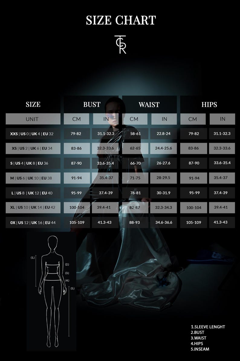 May include: Size chart for clothing with measurements in inches and centimeters. The chart includes sizes XXS to OX, with corresponding US, UK, and EU sizes. Measurements are provided for bust, waist, and hips.