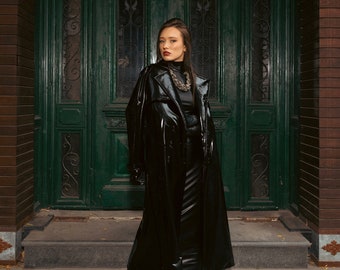 TACRAI Straight Coat Latex Look Black | Longline Classic Trench Coat Women Overcoat Topcoat Oversize Outwear Maxi Handmade Wet Look Glossy