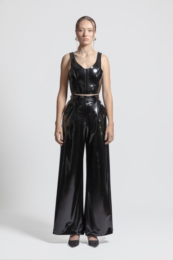 TACRAI Flare Gloss Pants | Wide Leg Latex Look Trousers Black