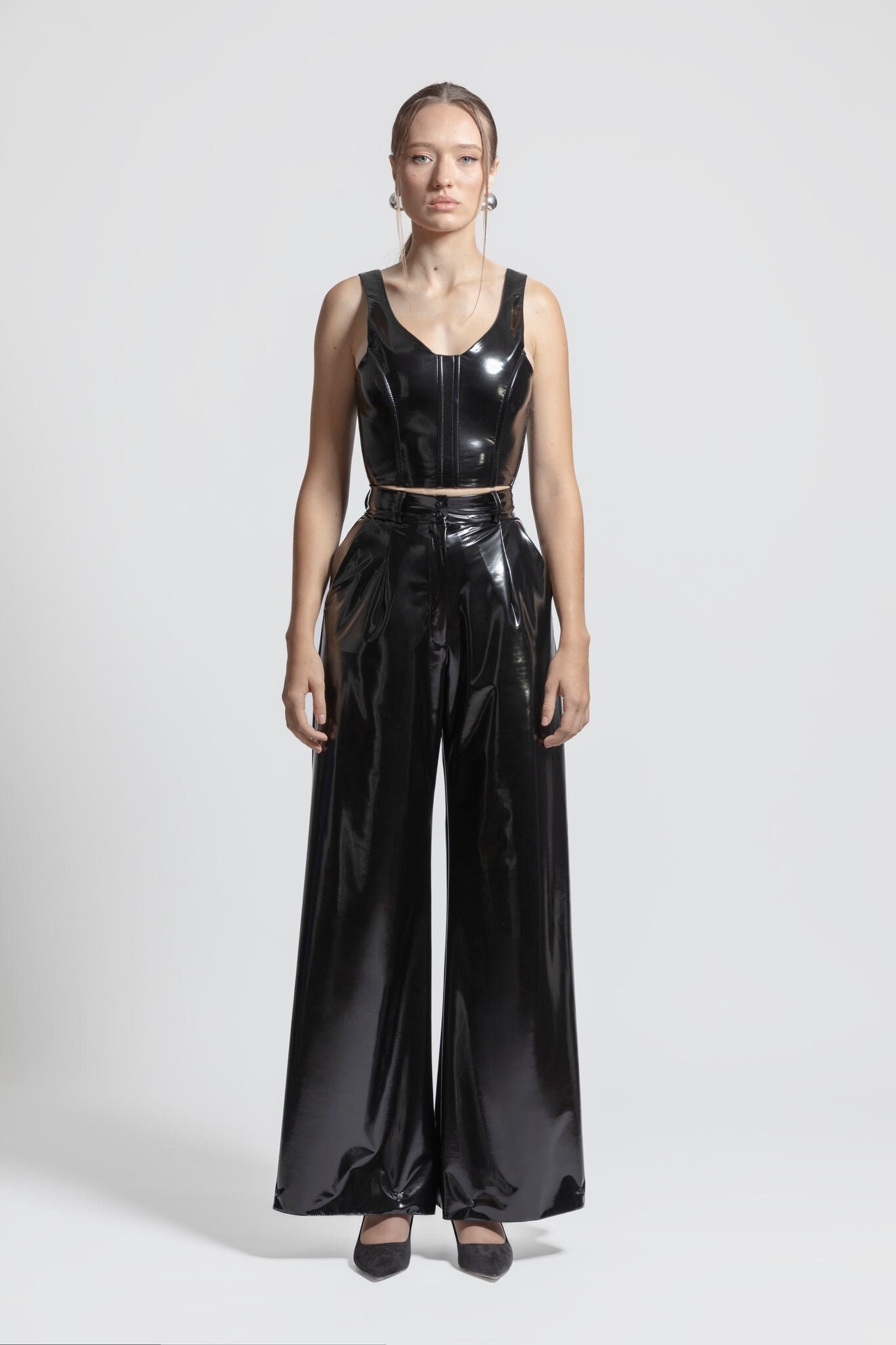 TACRAI Flare Gloss Pants | Wide Leg Latex Look Trousers Black