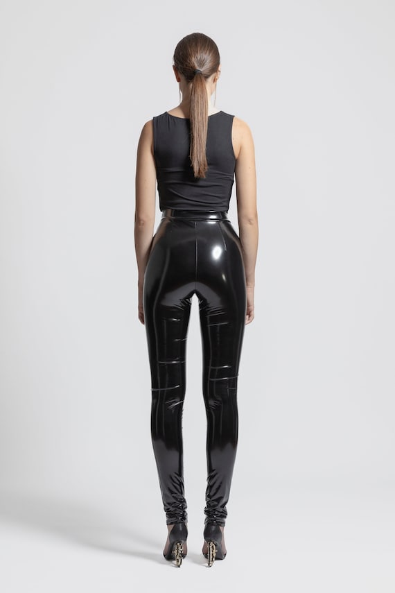 TACRAI Wet Look Black Leggings | Glossy Latex Feel Slim Fit Pants Outwear Women Clothing Event Party Wear Shiny Sleek Leggings with Pockets