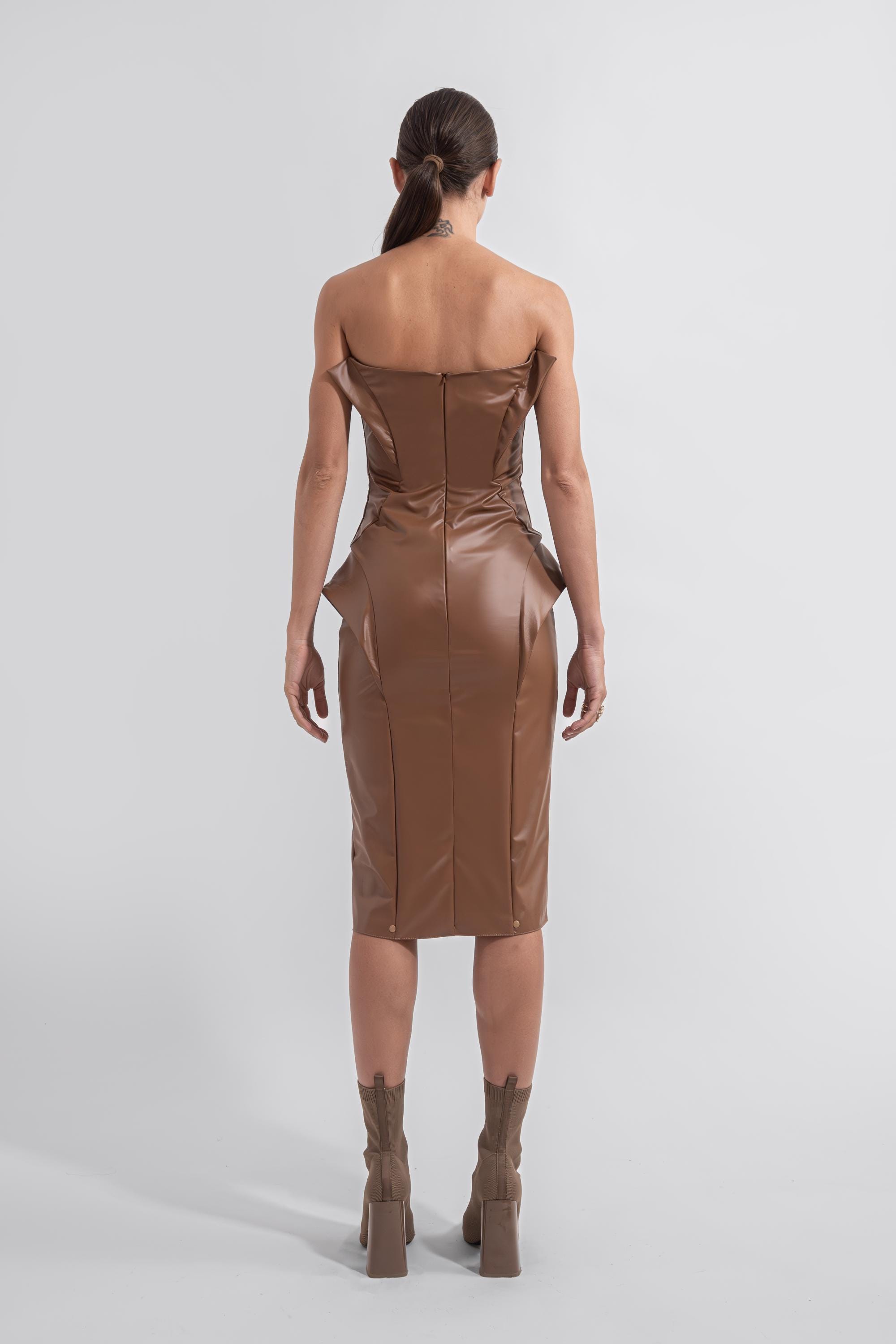 TACRAI Strapless Mocha Dress | Brown Faux Leather Chic Party Look Women Midi Sleeveless Handmade Statement Evening Attire Event Outfit