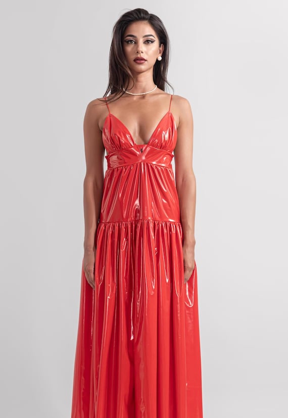 glossy red dress Red Satin Formal Gown with Pockets Black / 14